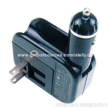 5V/1A Portable dual USB 2-in-1 wall and car charger with ABS environmental fireproof material over